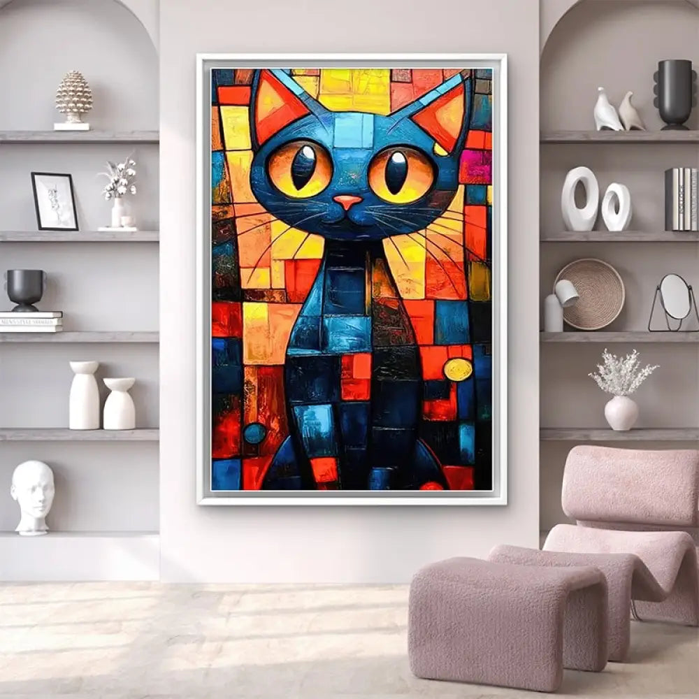 Tableau déco moderne représentant un chat urbain coloré dans un style street art

