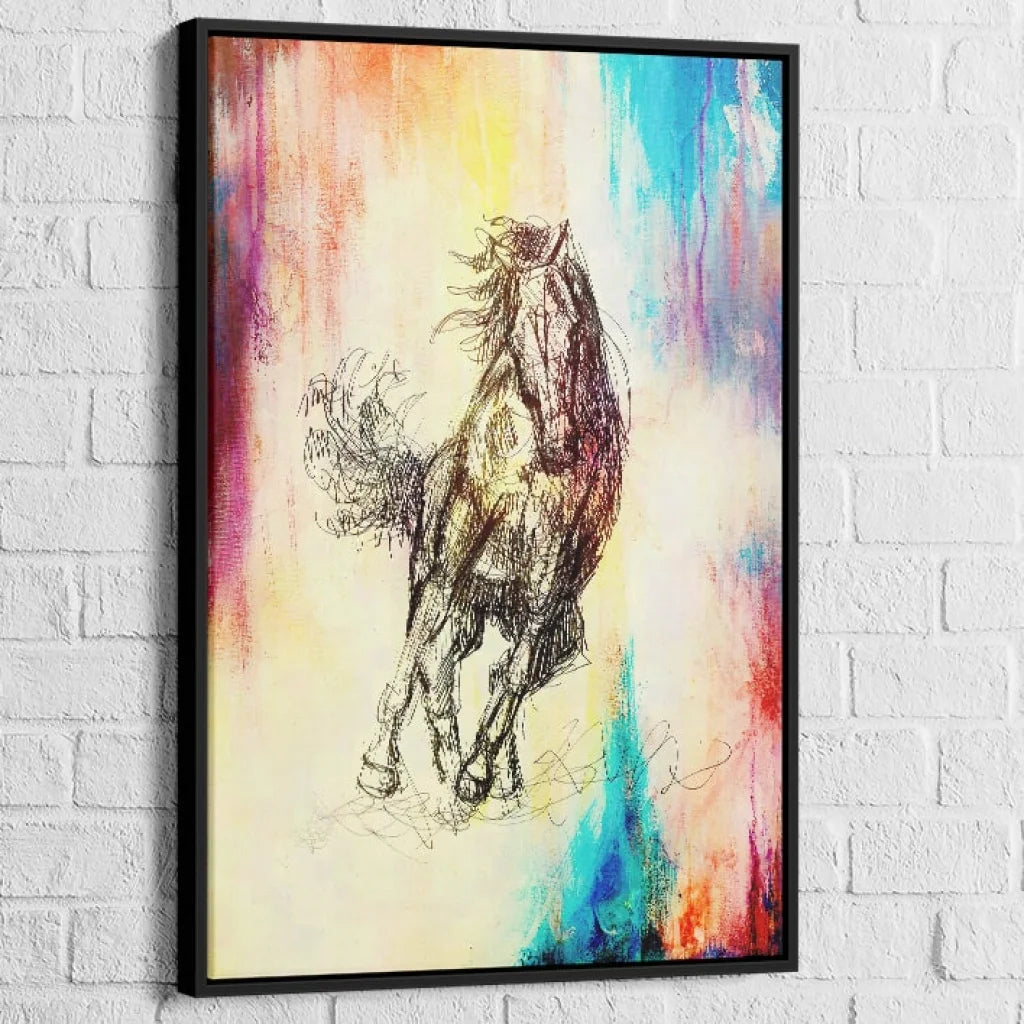 Reproduction tableau cheval moderne sur cadre flottant noir ou blanc