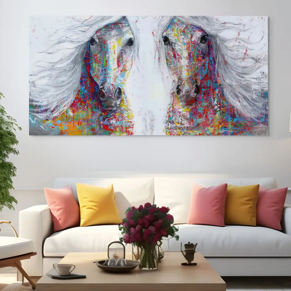tableau chevaux colorés double portrait moderne
