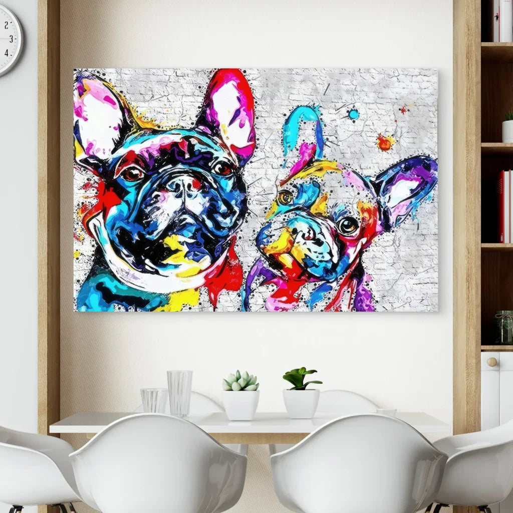 Duo de chiens bouledogues sur fond urbain graphique

