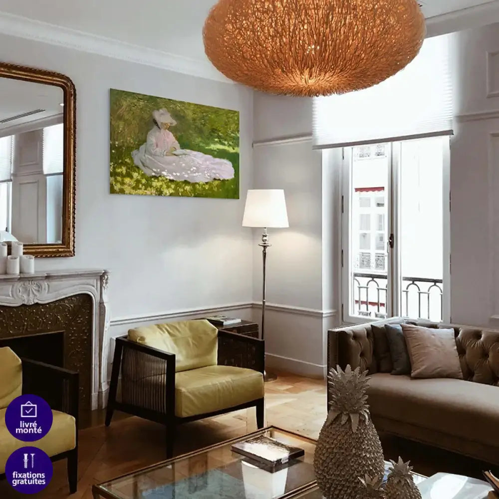 Toile artistique Monet Printemps Camille Doncieux assise robe blanche