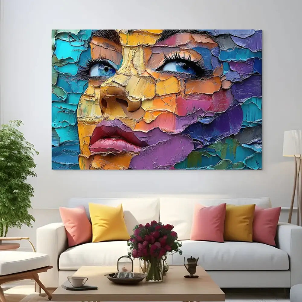 Tableau contemporain Éclats d’Émotion, portrait abstrait multicolore texturé