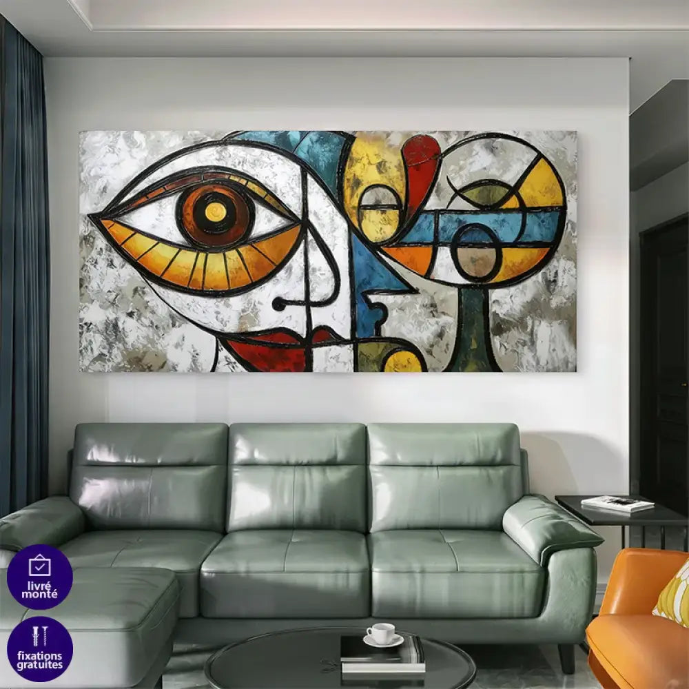 Toile décorative murale abstraite avec éléments de visage et formes circulaires

