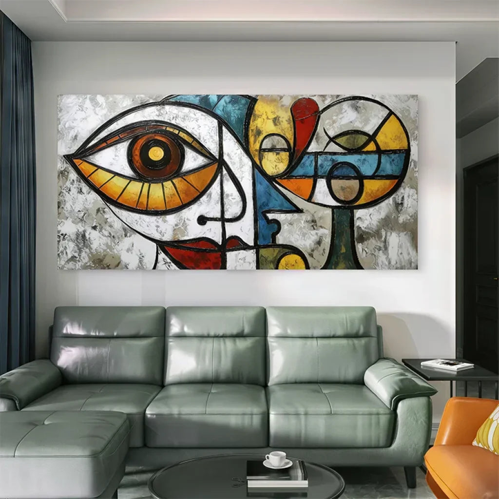 Toile décorative murale abstraite avec éléments de visage et formes circulaires

