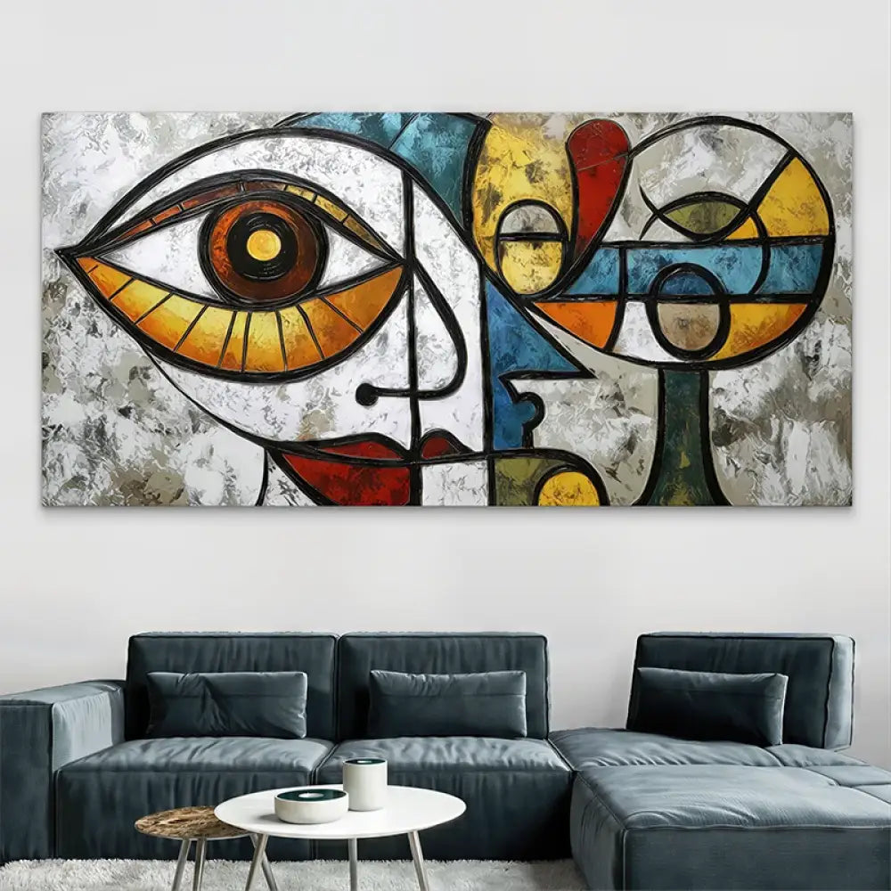 Tableau contemporain abstrait avec visage stylisé multicolore en déco murale

