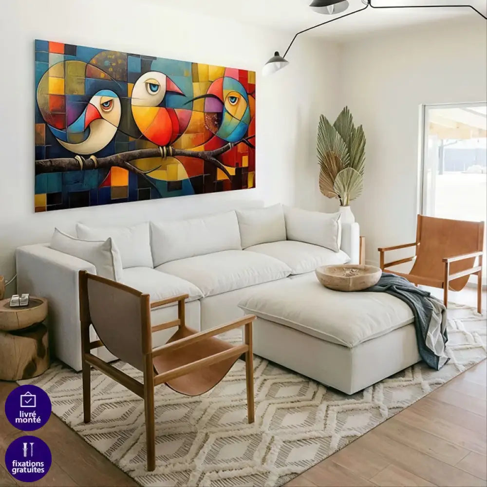 Toile imprimée artistique d’oiseaux géométriques sur fond coloré accrochée dans un séjour contemporain

