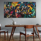 Tableau abstrait bistro nocturne avec conversations et verres