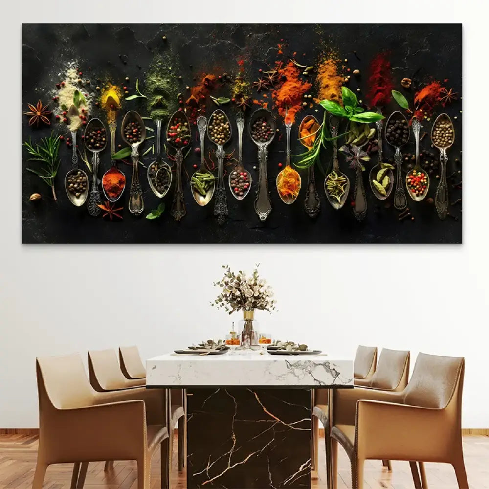 Tableau cuisine Symphonie d'Épices - décoration murale gastronomique colorée

