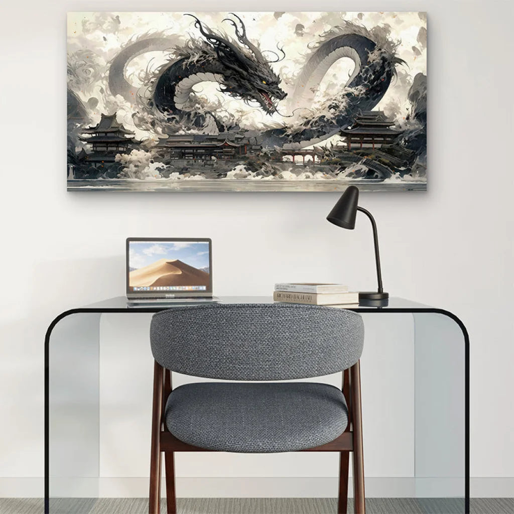 Détail du dragon noir Shenron Sombre en pleine invocation sur tableau design noir et blanc

