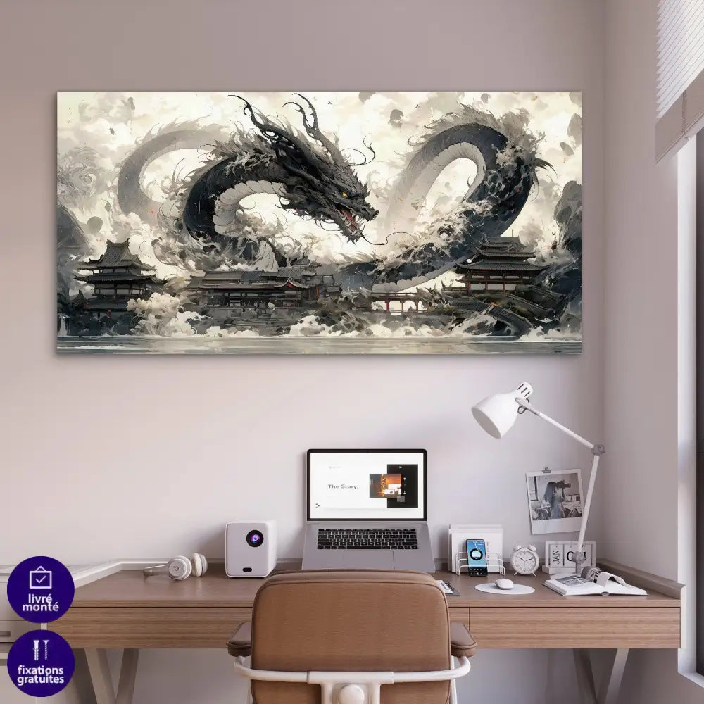 Tableau dragon noir Shenron Sombre en toile tendue sur châssis pour décoration intérieure

