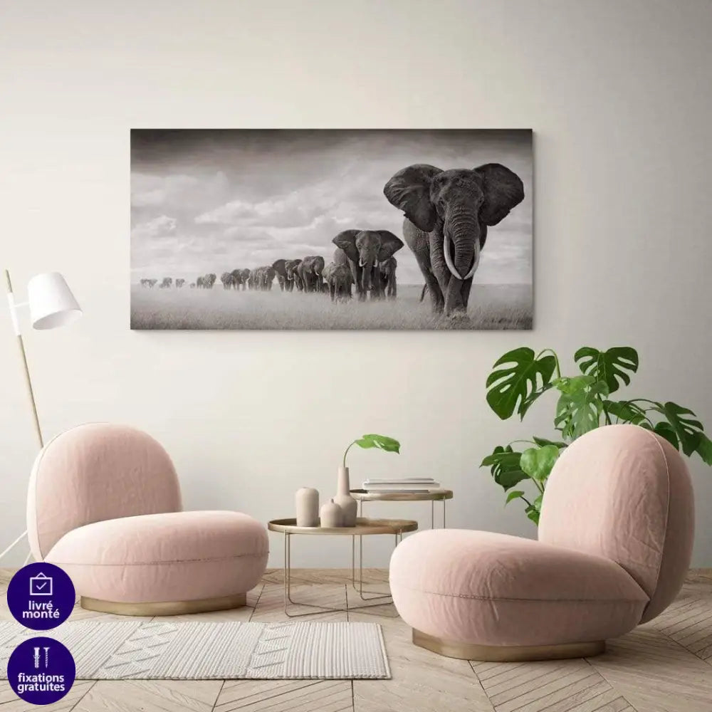 Tableau Éléphant Noir et Blanc le Troupeau - Montableaudeco