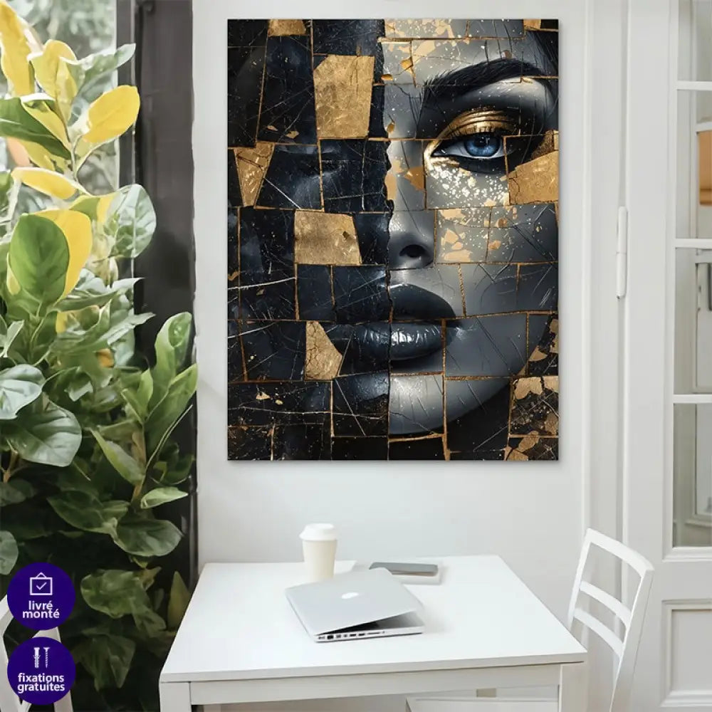 Portrait féminin fragmenté avec effets dorés et regard intense

