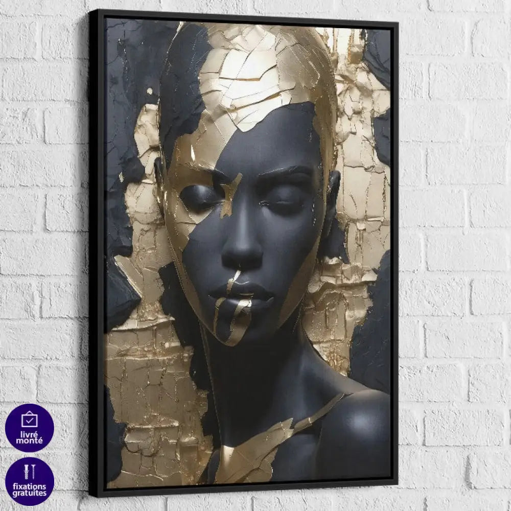 Tableau femme haut de gamme style luxe avec contraste noir et or

