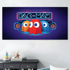 Tableau gaming Pac-Man rétro avec fantômes colorés et logo neon