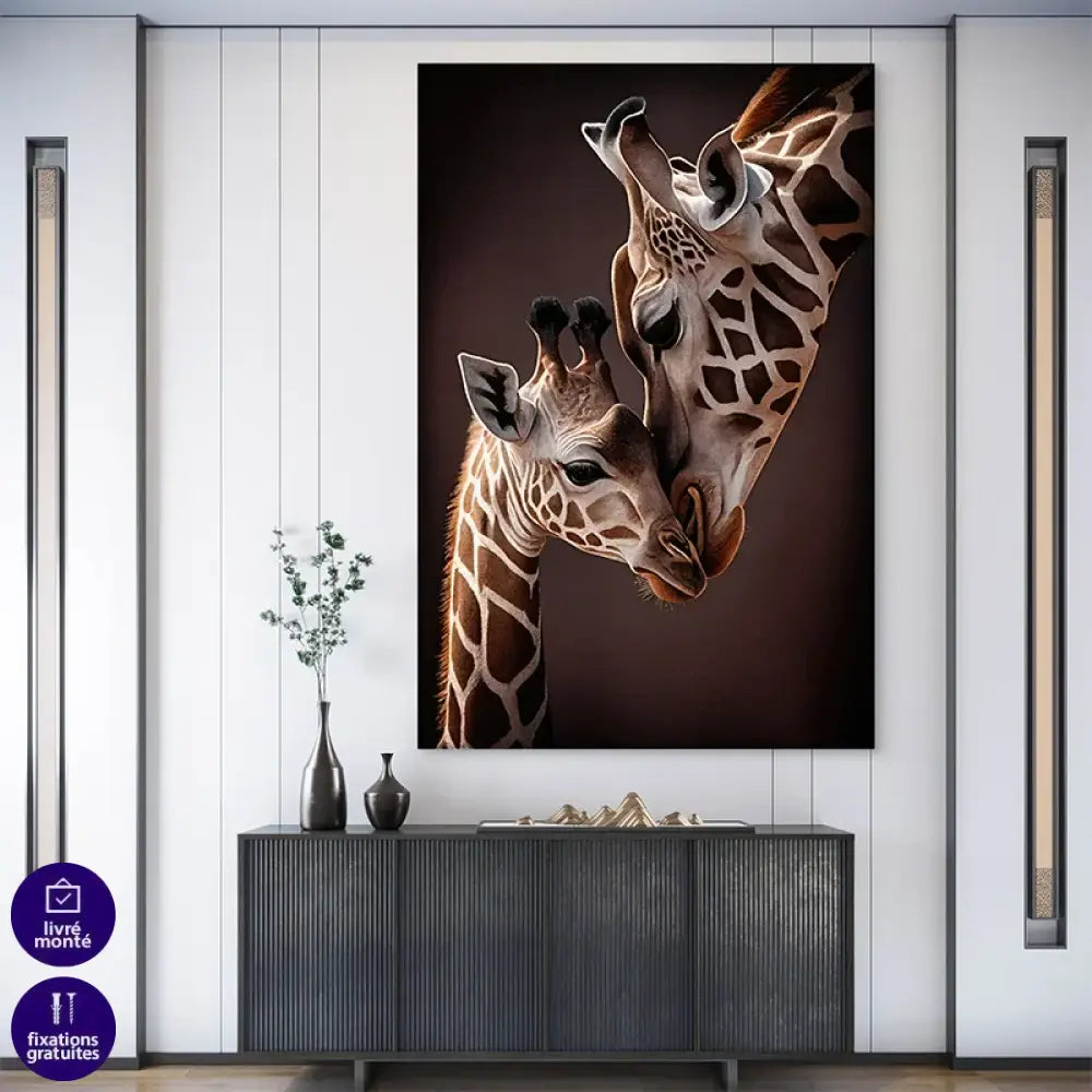 Tableau mural girafes tendresse - art contemporain animalier pour salon ou chambre


