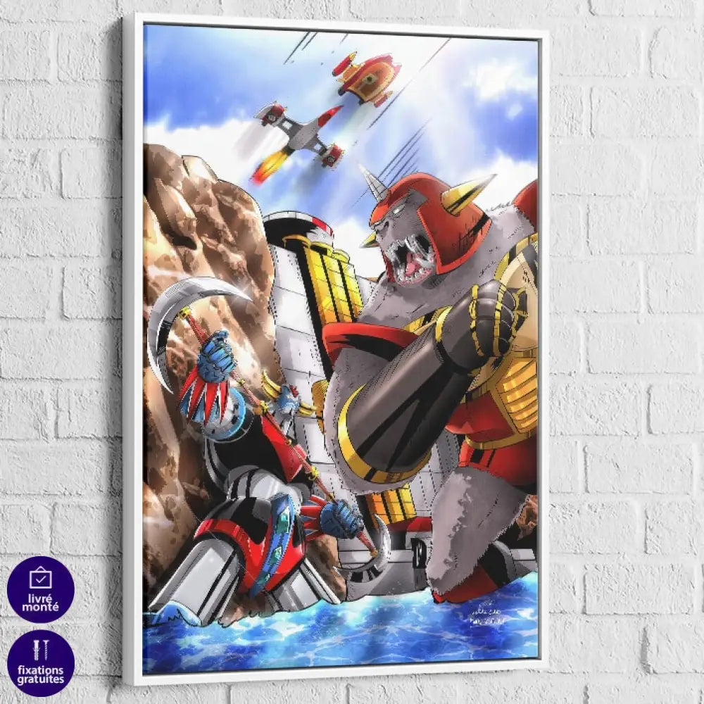 Tableau Goldorak vs Monstronef 40x60cm / Cadre Blanc Tableau animation