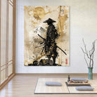 Tableau zen japonais – silhouette d’un samouraï sous un soleil doré