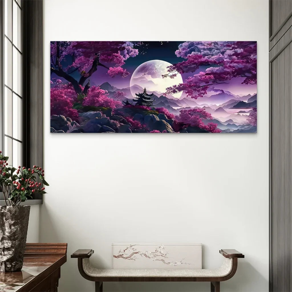 Décoration murale zen avec temple japonais et fleurs de cerisier

