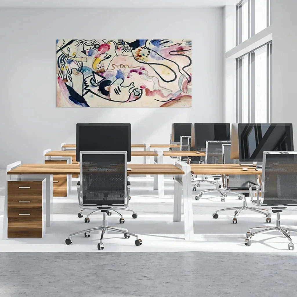 Traits noirs souples et lavis roses et bleus, aquarelle de Kandinsky