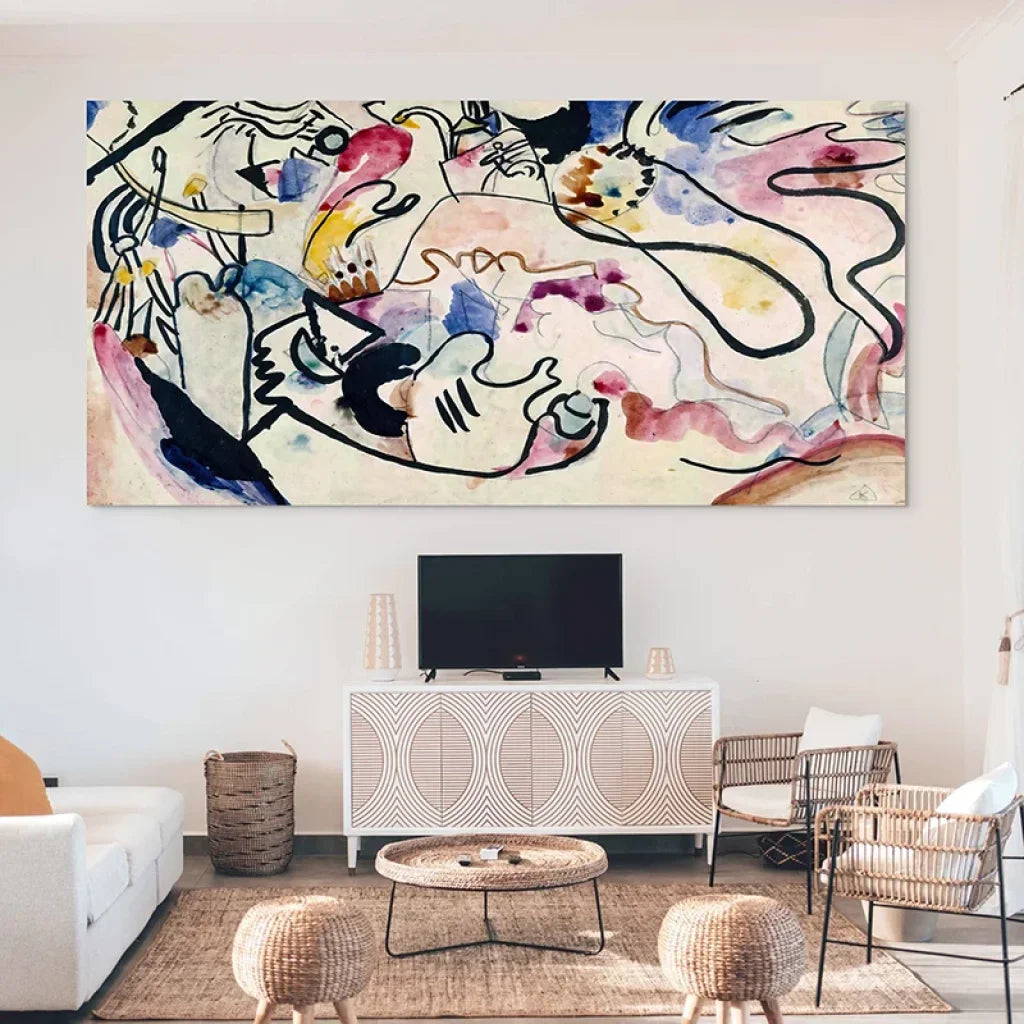 Vue d’ensemble dans un bureau épuré, tableau Kandinsky Aquarell Nr. 8