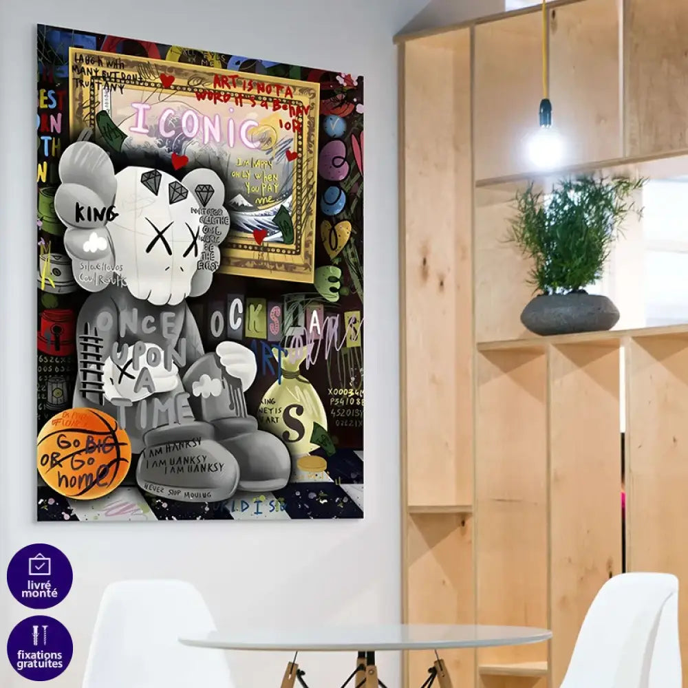 Tableau Kaws grand format, vibes pop art et couleur néon