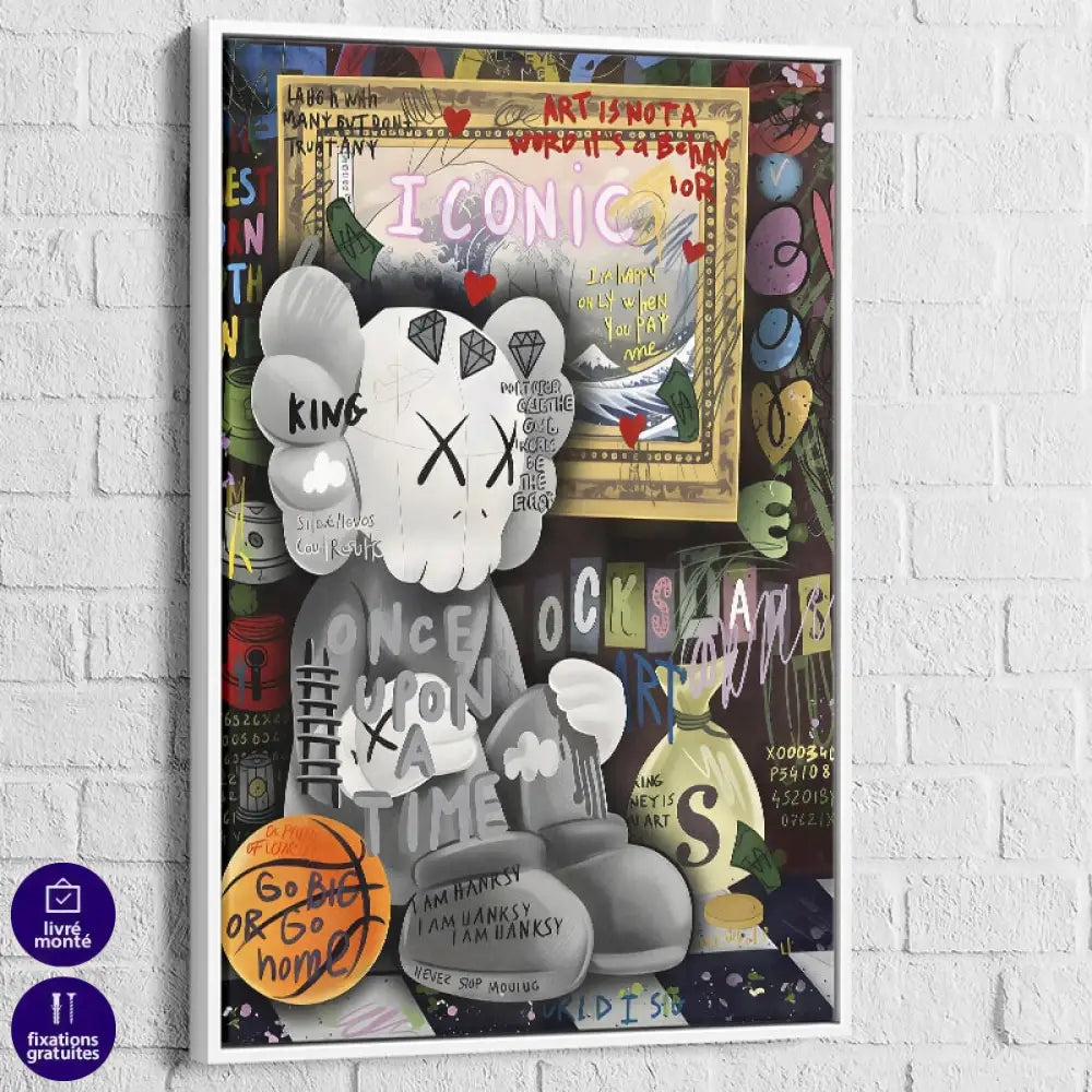 Tableau Kaws – Iconic Graffiti avec cadre blanc, finition lumineuse