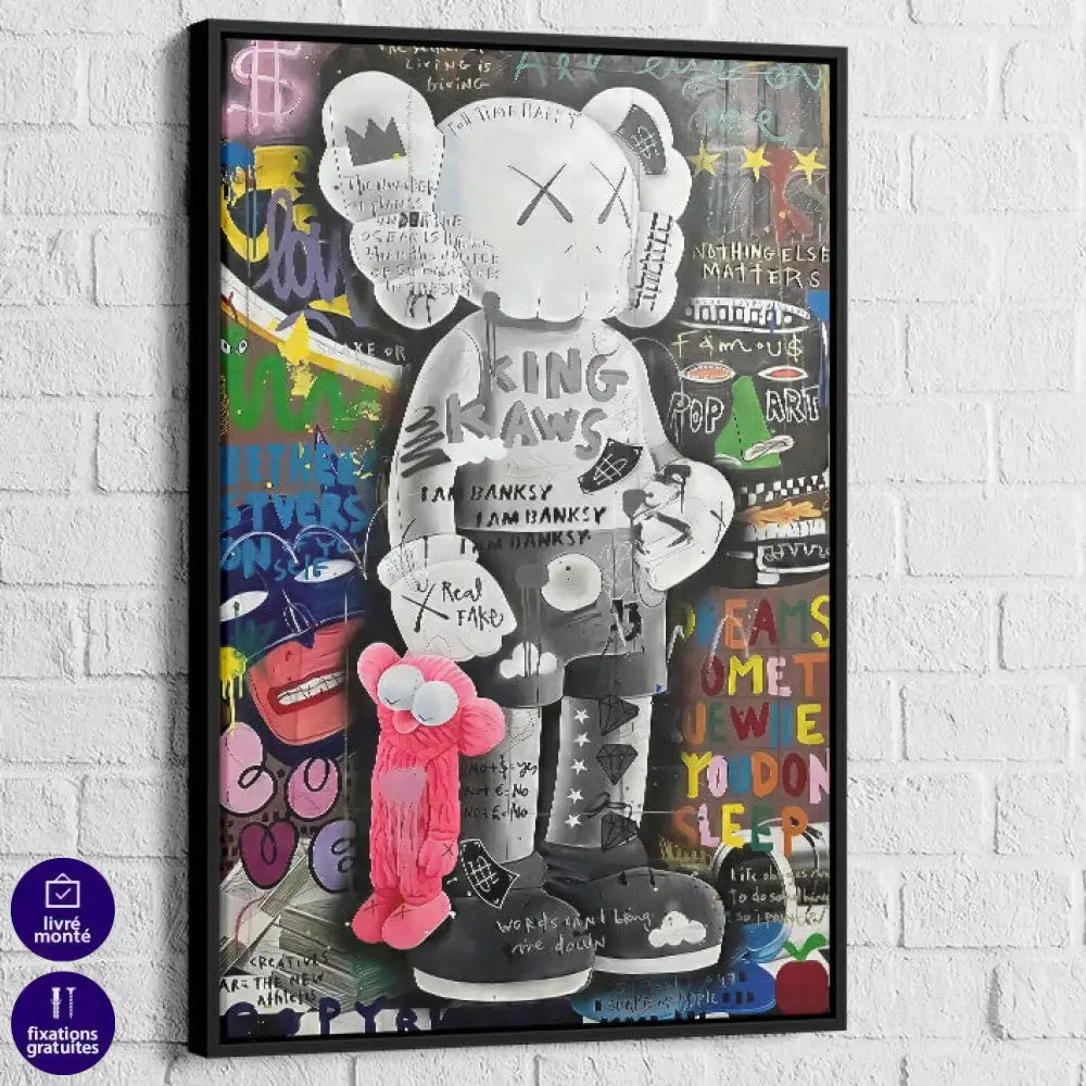 tableau kaws king of pop art avec cadre noir