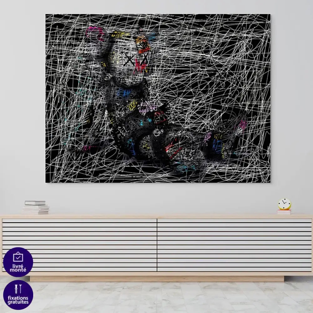 tableau urbain personnage assis yeux croisés lignes blanches dynamiques