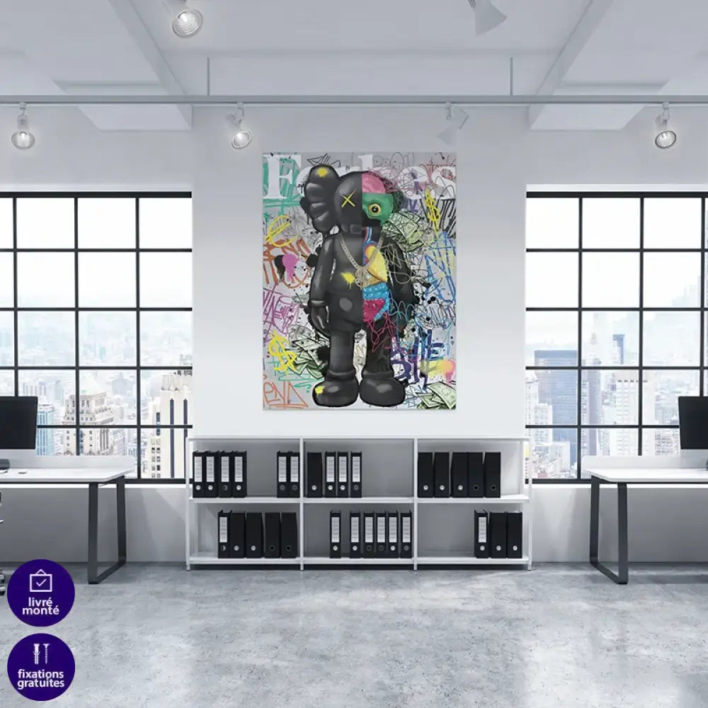 Affiche Kaws street pop, personnage split et lignes calligraphiques