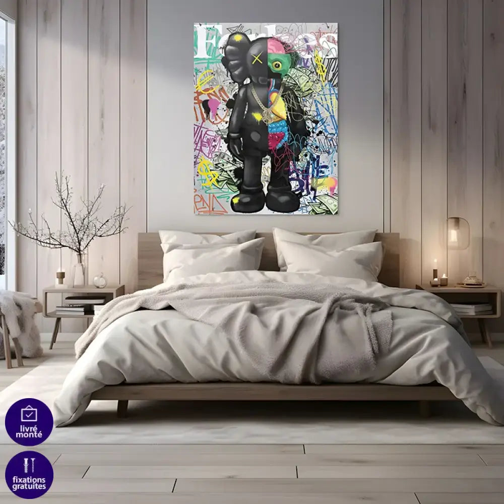 Tableau Kaws – Pop Culture Graffiti avec cadre noir, contraste urbain