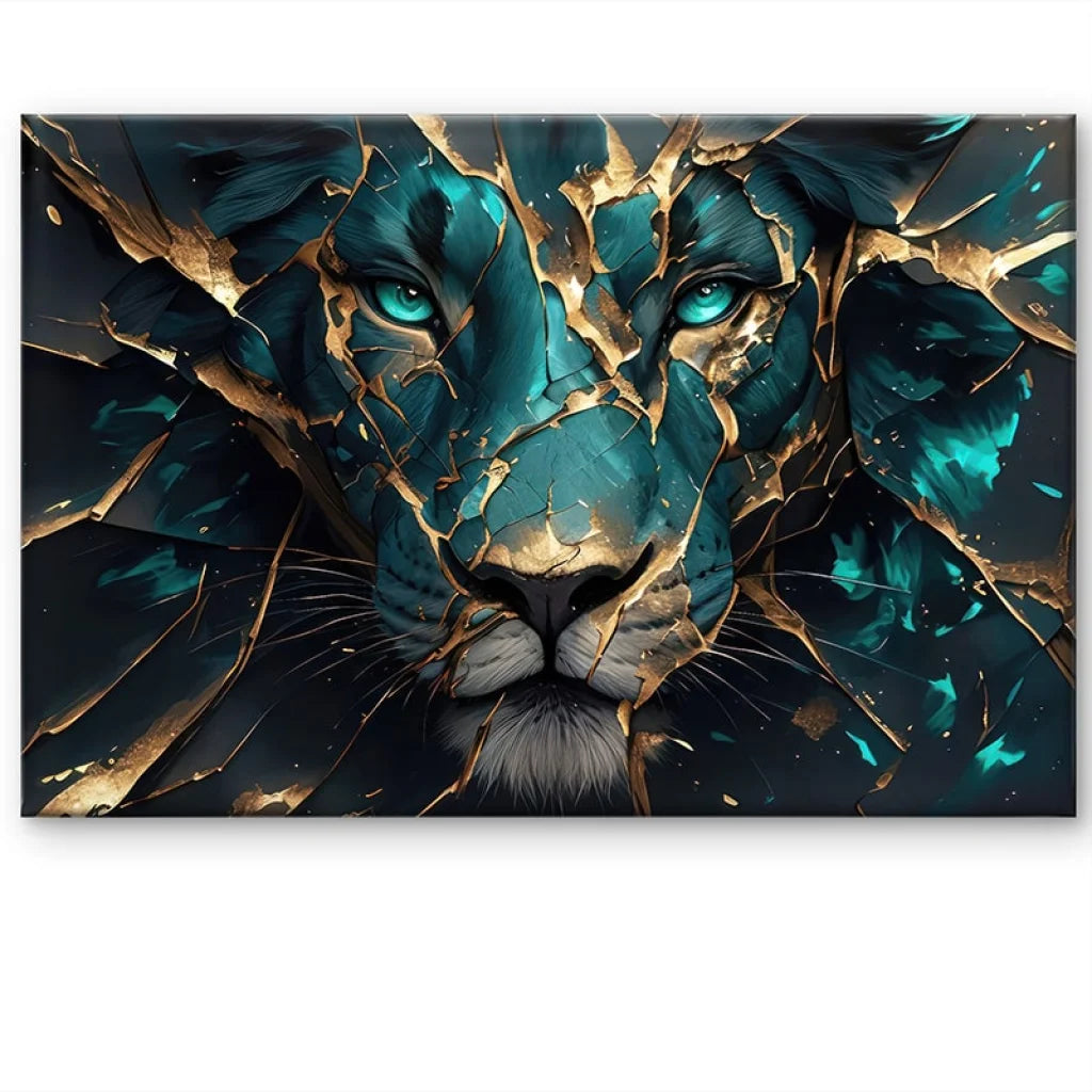 Visuel artistique de lion majestueux avec effets dorés et fond sombre

