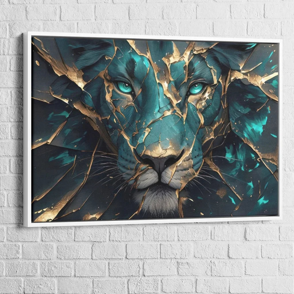 Tableau Lion Doré Intérieur idéal pour salon ou bureau contemporain

