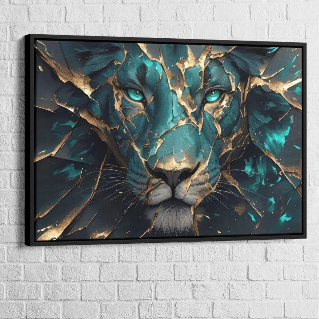 Œuvre murale lion doré sur fond noir et bleu, style moderne et raffiné

