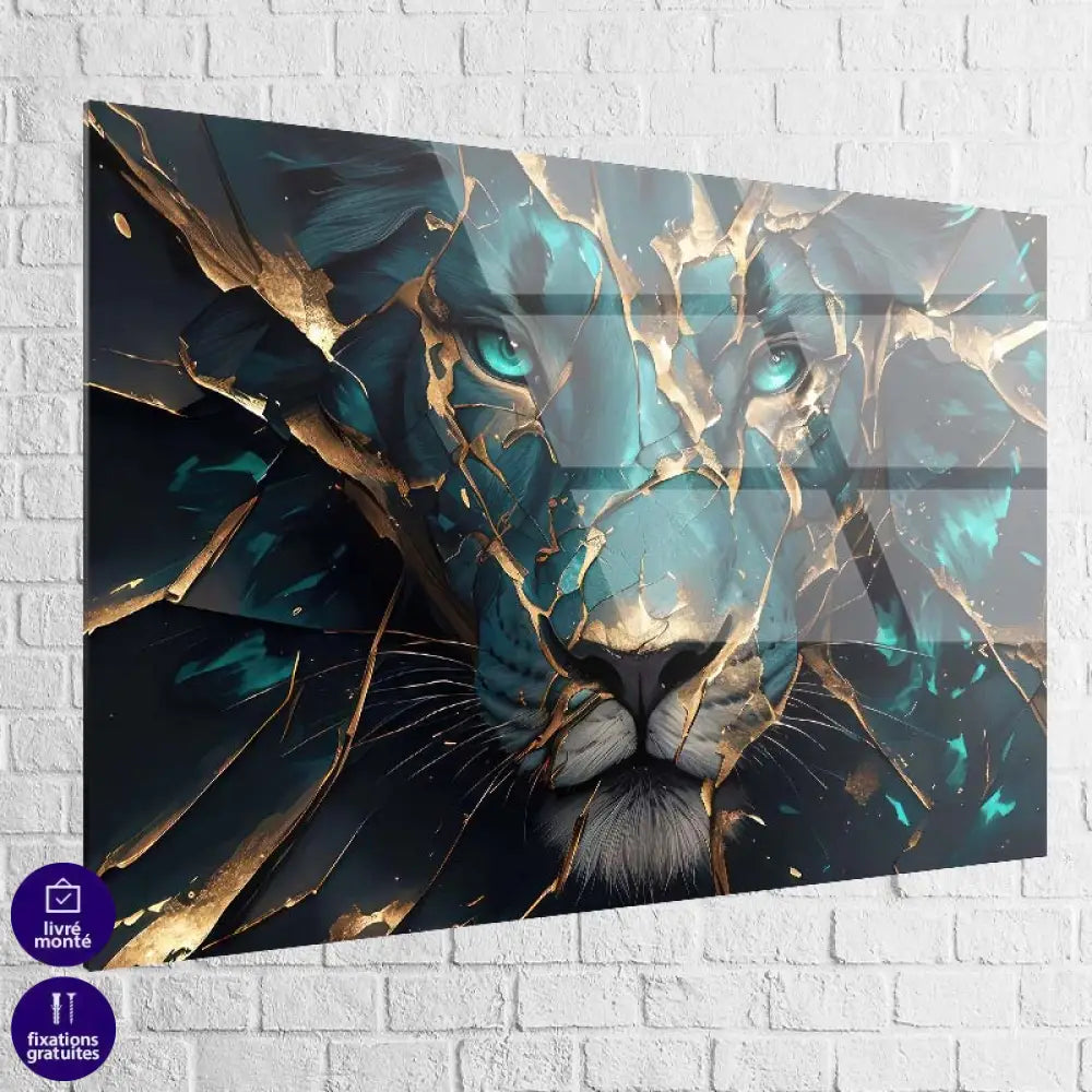 Tableau moderne lion puissant avec éclats dorés et rendu premium

