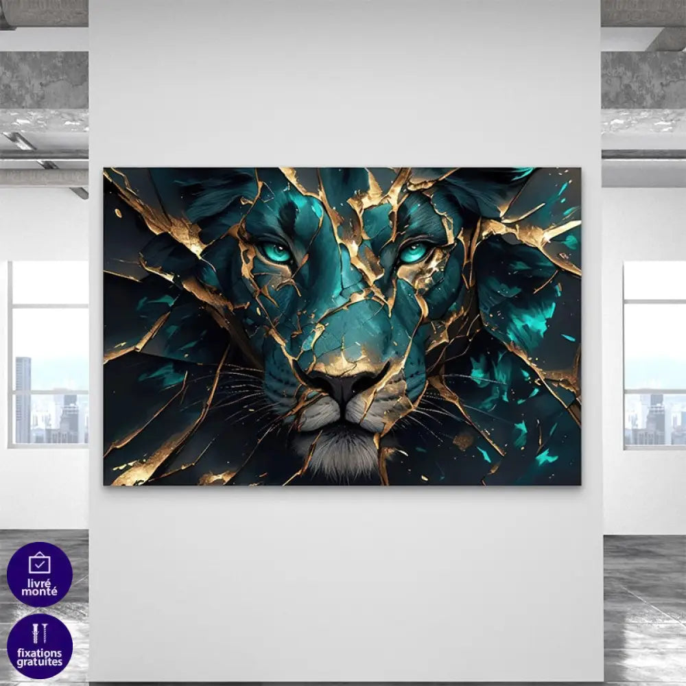 Décoration murale avec lion stylisé, couleurs bleu foncé et or

