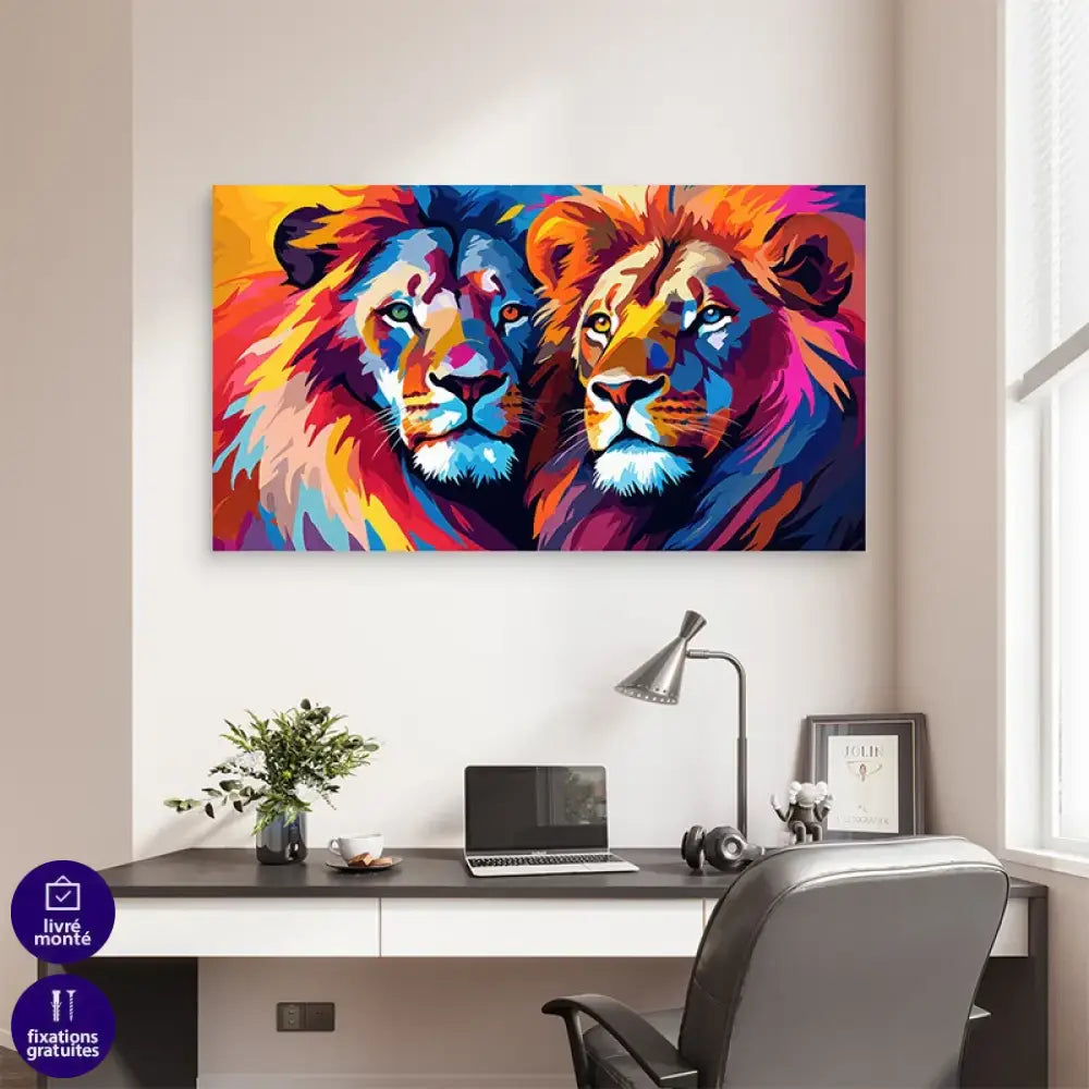 Tableau lion style graphique avec couleurs vives

