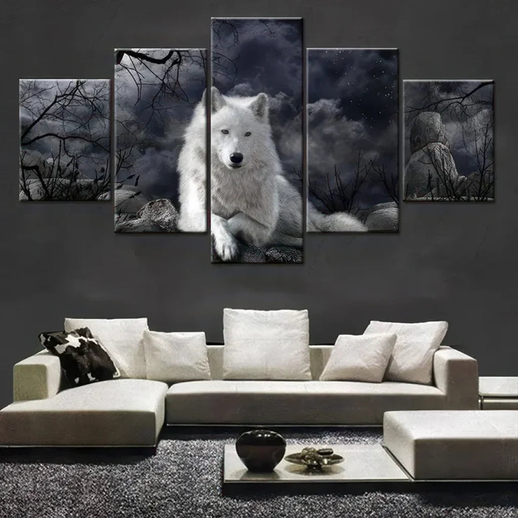Tableau Loup Blanc 5 Panneaux