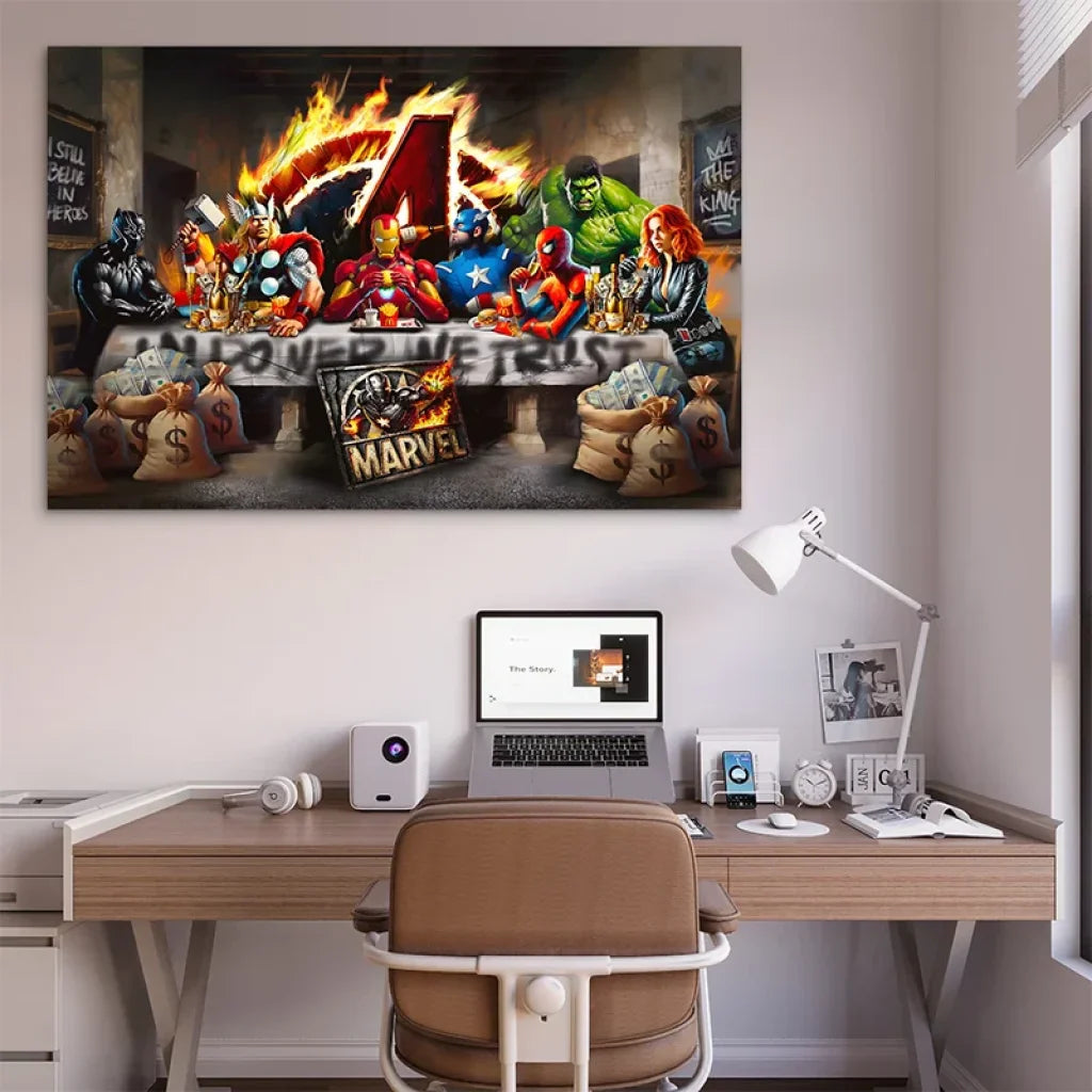 Toile décorative Avengers style La Cène avec burgers et billets

