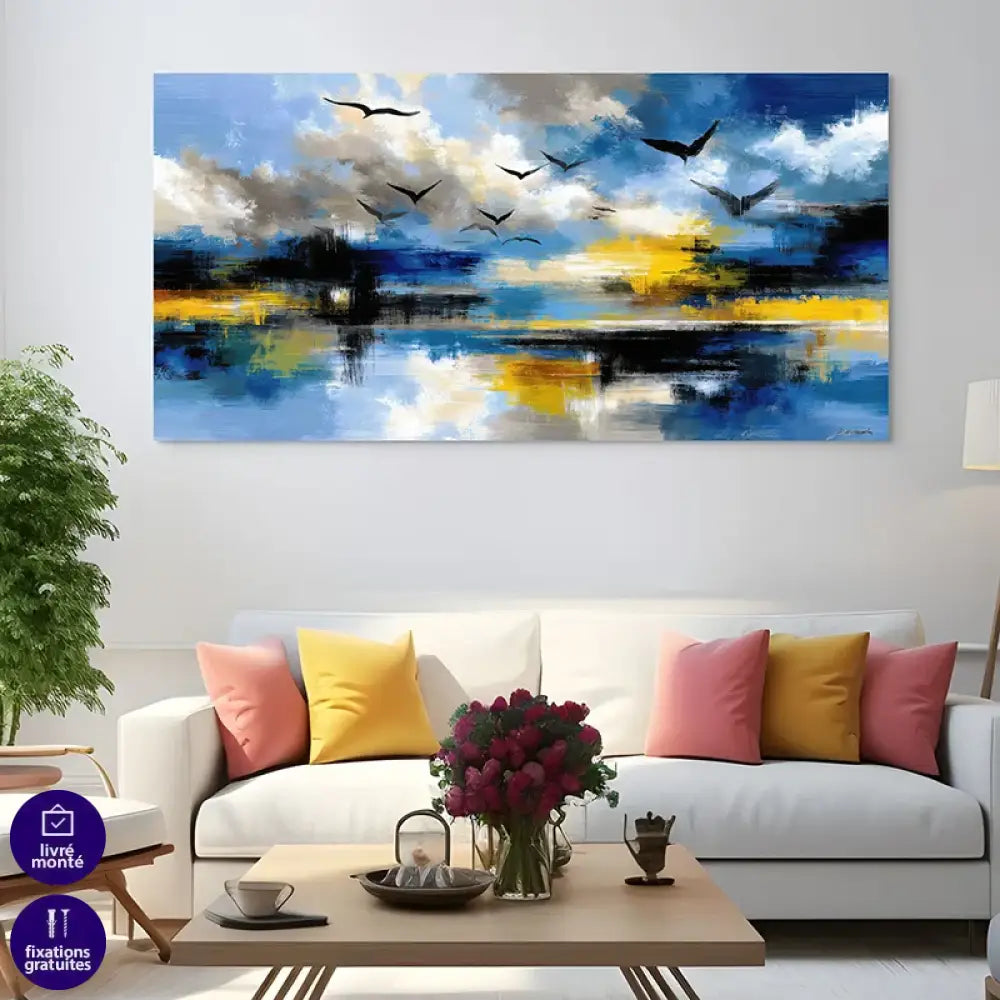 Tableau Mer Abstraite – Ciel Bleu et Reflets 40x80cm / Toile tendue sur châssis Tableau Fleur