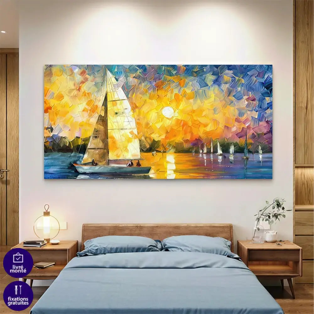 Œuvre murale moderne représentant la mer et la lumière du soir