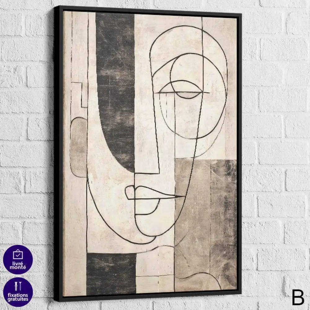 Tableau line art cadre noir – visage abstrait contemporain