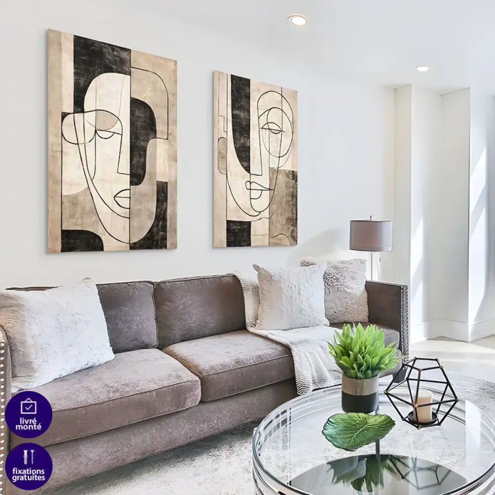 Duo de tableaux line art visage abstrait pour salon moderne