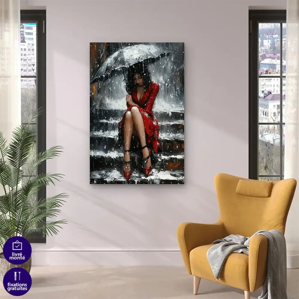 Œuvre artistique pluie et solitude en robe rouge

