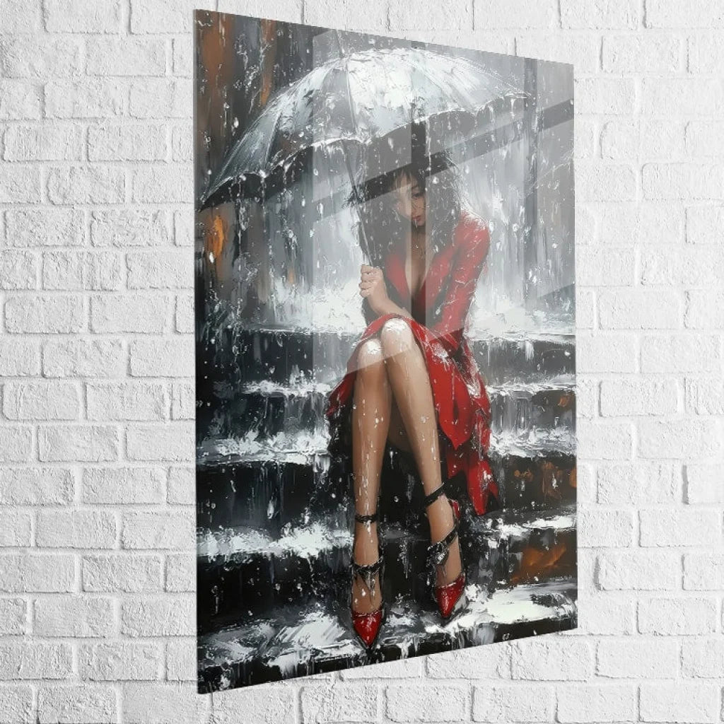 Femme assise sous la pluie œuvre expressive moderne noir et rouge

