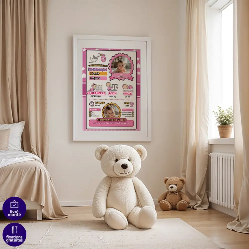 Tableau prénom bébé fille avec informations de naissance personnalisées

