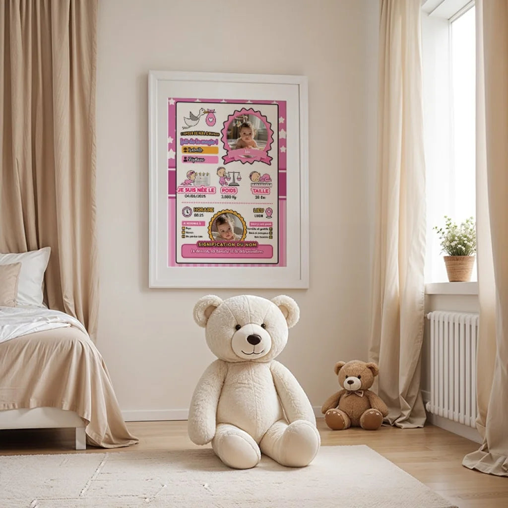 Tableau prénom bébé fille avec informations de naissance personnalisées

