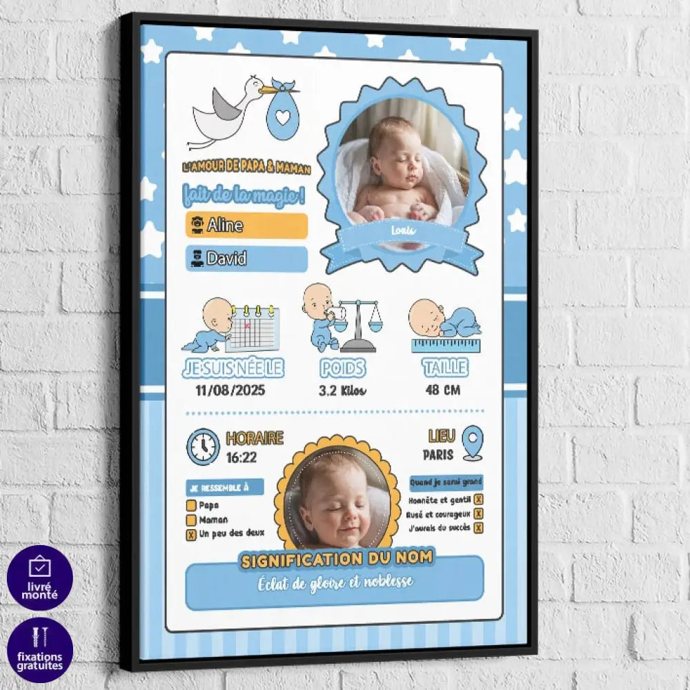 idée cadeau bébé garçon tableau naissance personnalisé

