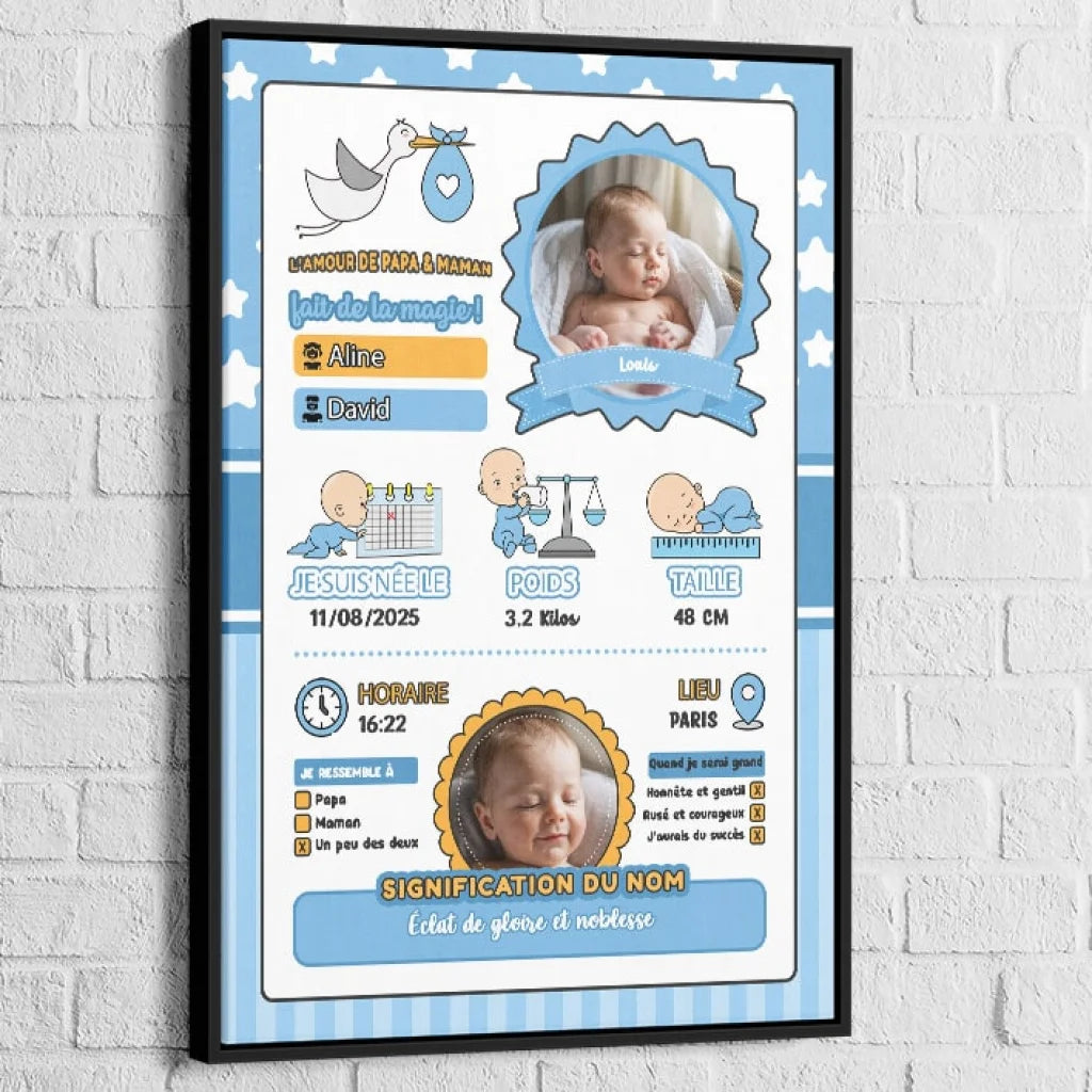 idée cadeau bébé garçon tableau naissance personnalisé

