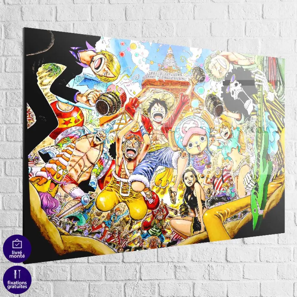 œuvre murale One Piece avec personnages emblématiques et décor parisien