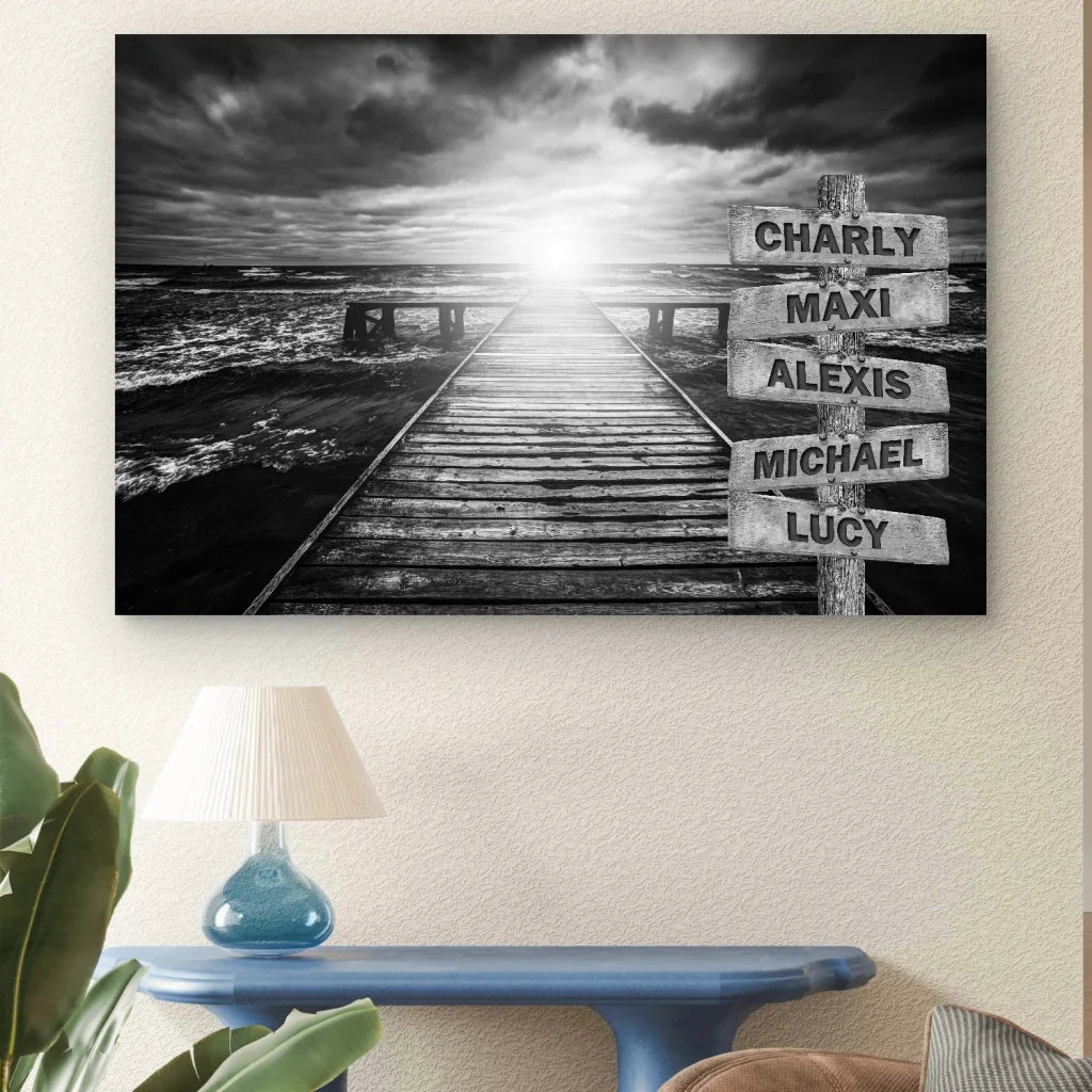 Toile personnalisée prénoms sur fond de mer en noir et blanc

